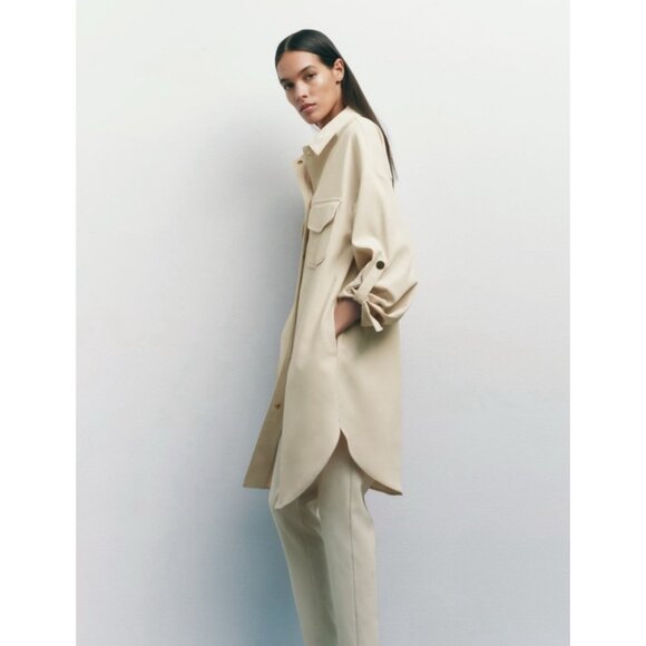 Zara Long Overshirt in Cream - Picture 1 of 8